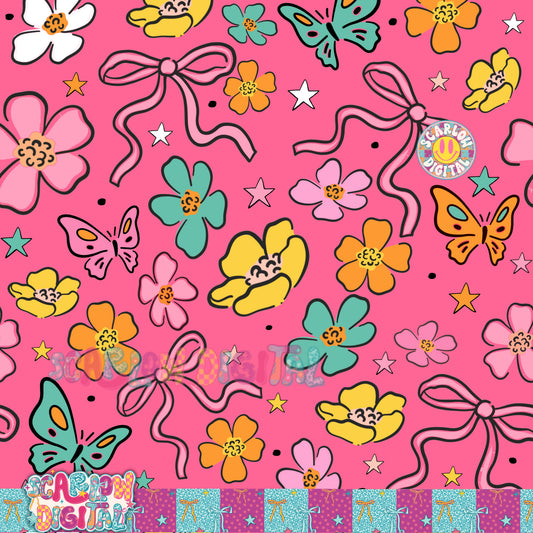 Pink Flowers and Bows Seamless Pattern Digital Design