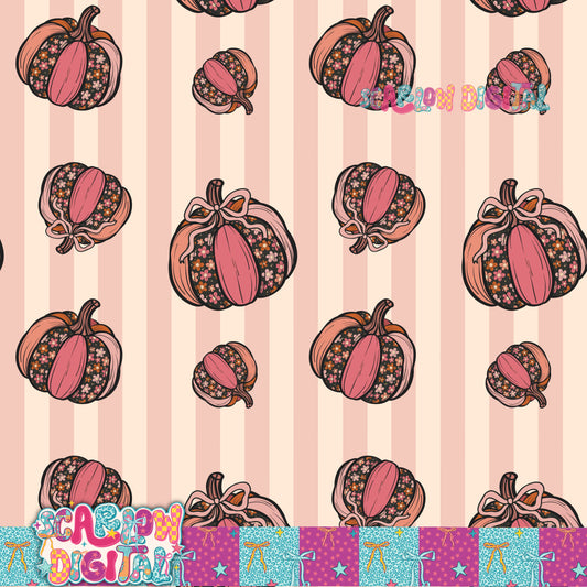 Floral Pumpkins on Stripes Seamless Pattern Digital Design