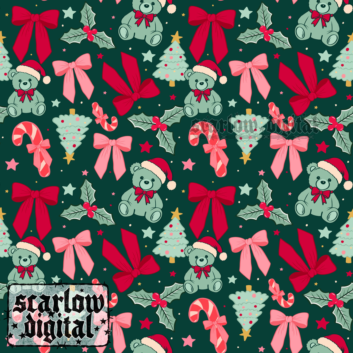 Dark Christmas Teddy Bears and Bows Seamless Pattern Digital Design