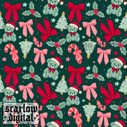 Dark Christmas Teddy Bears and Bows Seamless Pattern Digital Design