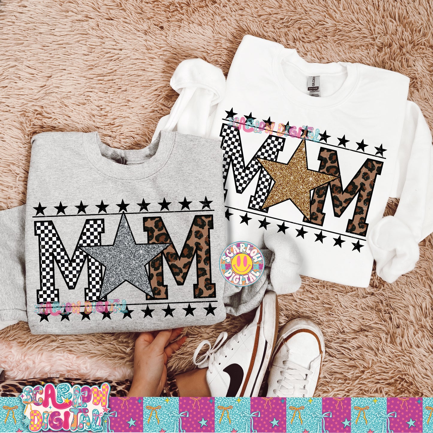 Mom with Gold and Silver Glitter Star PNG Digital Design