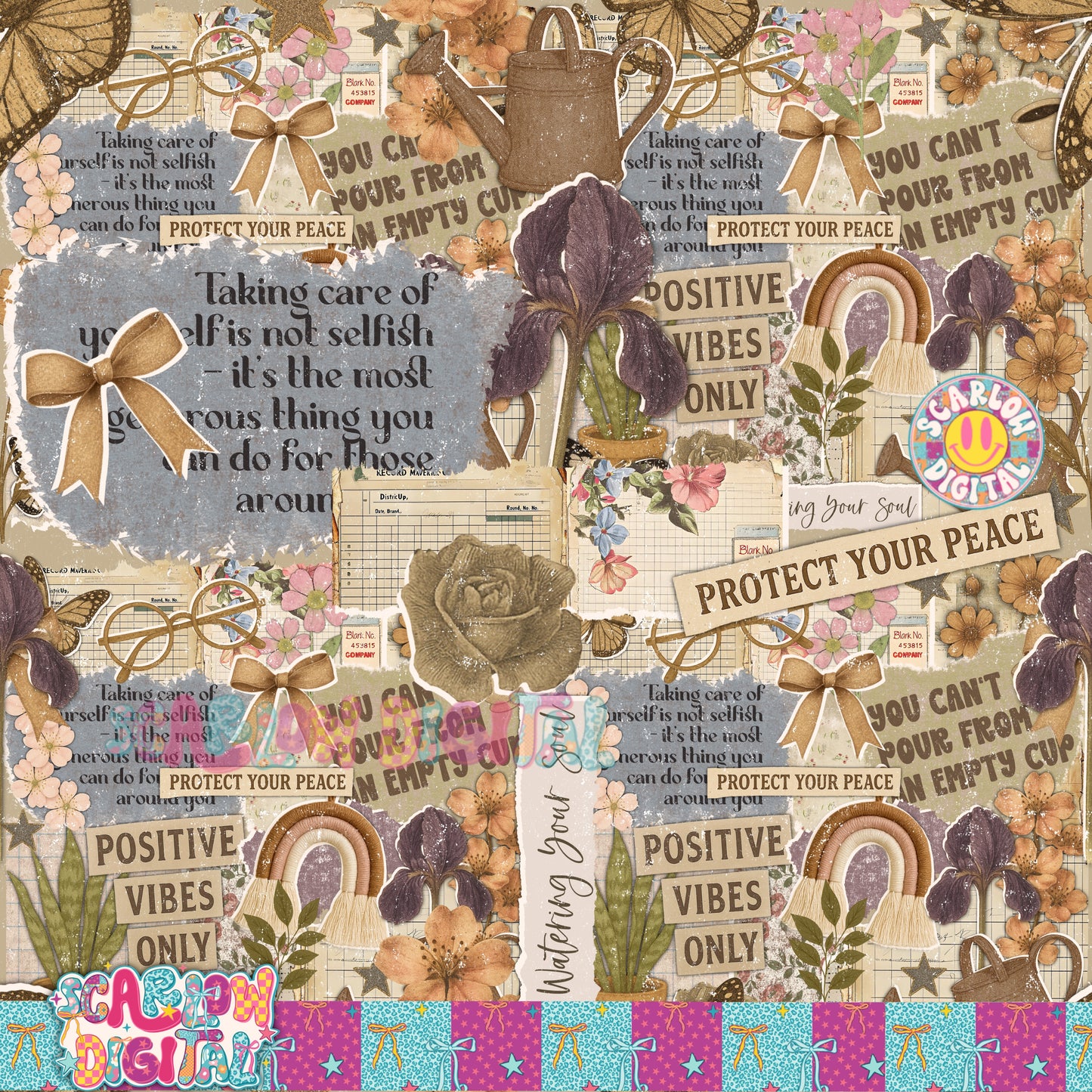 Self Care Scrapbook Seamless Pattern Digital Design