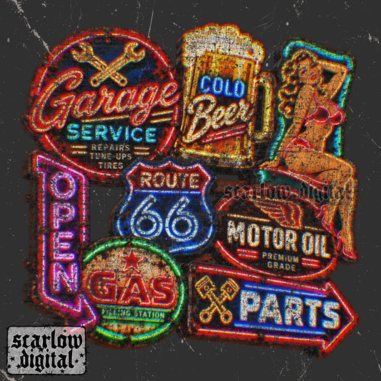Neon Garage Signs PNG Digital Design