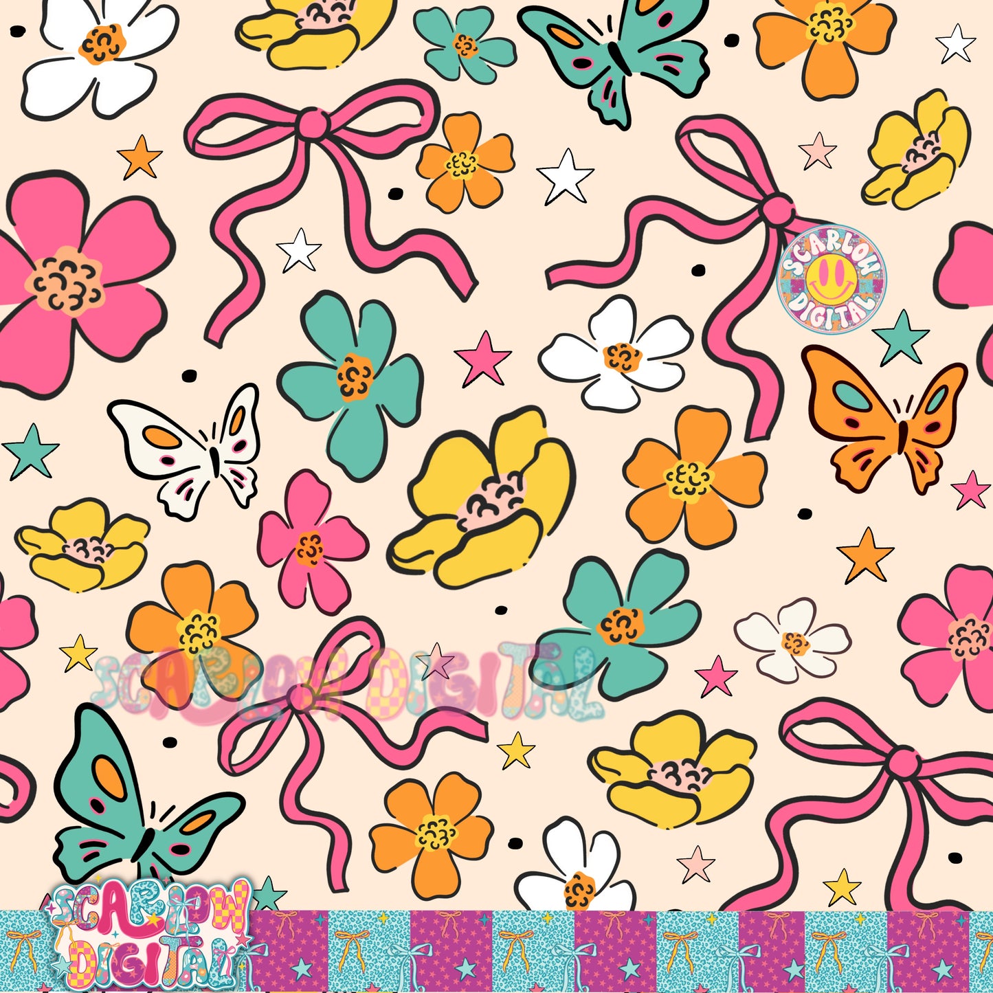 White Flowers and Bows Seamless Pattern Digital Design