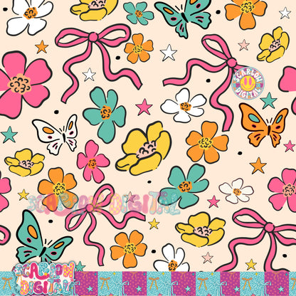 White Flowers and Bows Seamless Pattern Digital Design