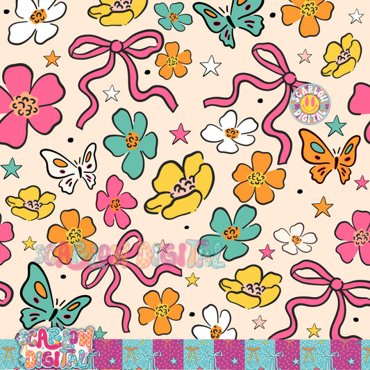 White Flowers and Bows Seamless Pattern Digital Design