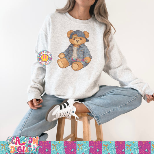 Denim Teady Bear Vintage Thrifted Style PNG Digital Design