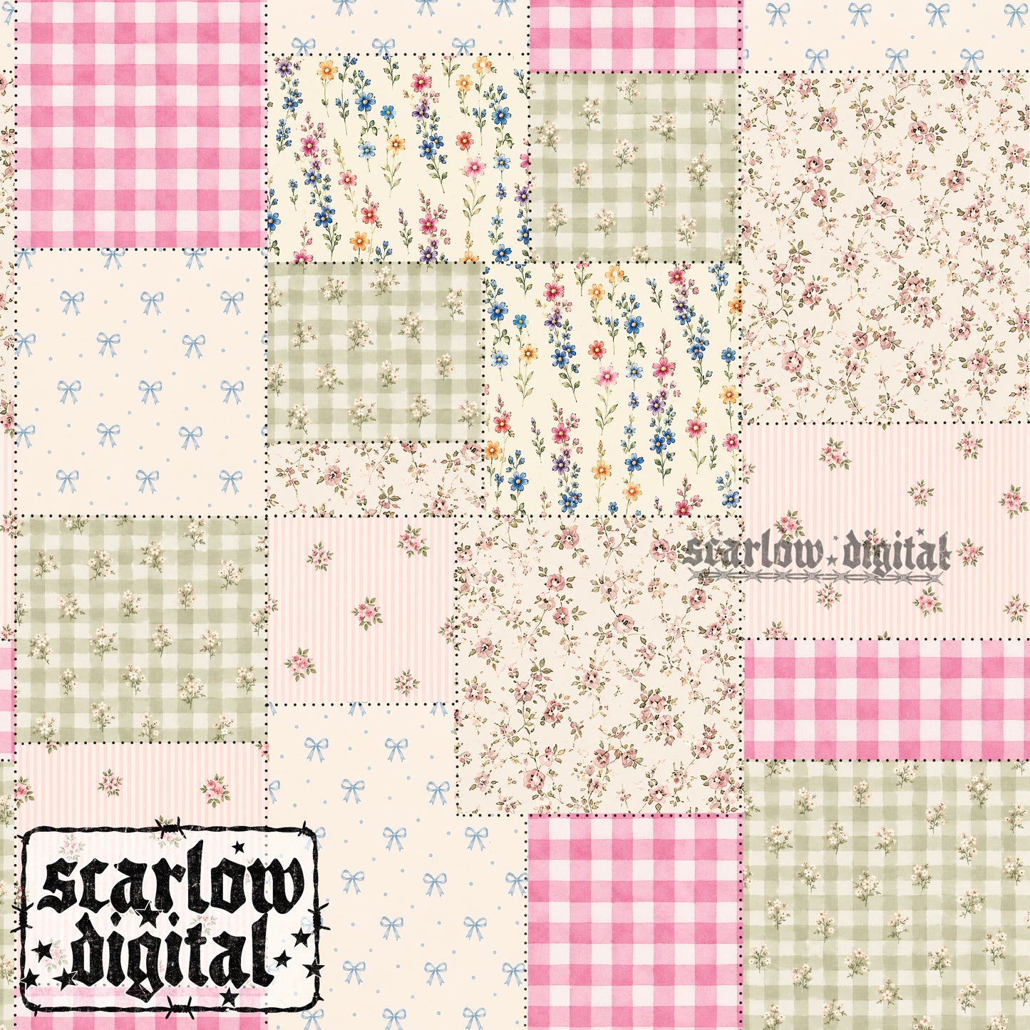 Floral and Gingham Quilt Pattern Seamless Pattern Digital Design
