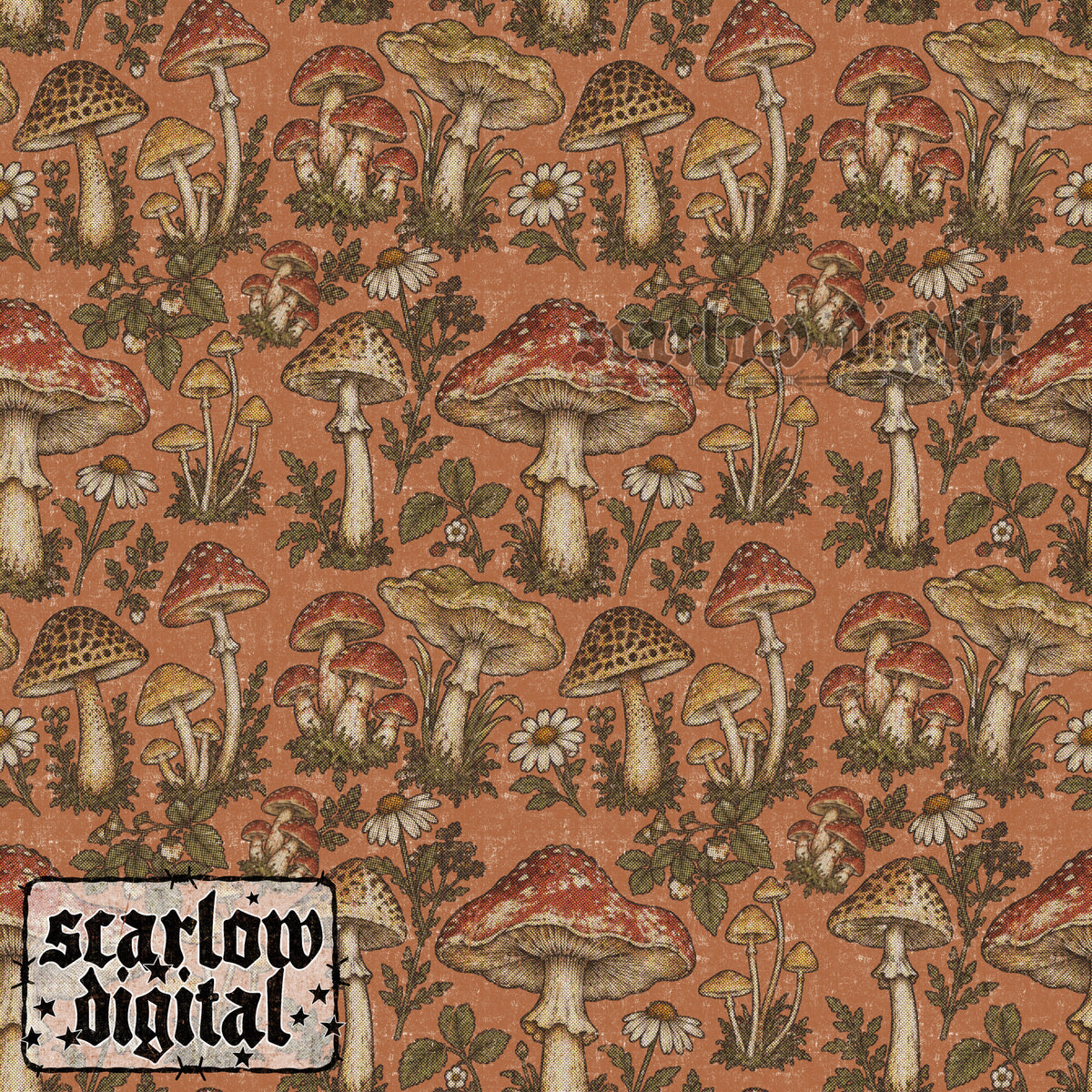 Antique-Style Mushrooms Seamless Pattern Digital Design