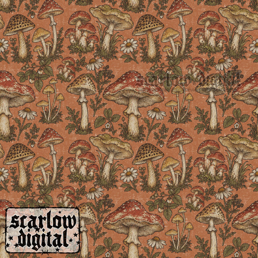 Antique-Style Mushrooms Seamless Pattern Digital Design