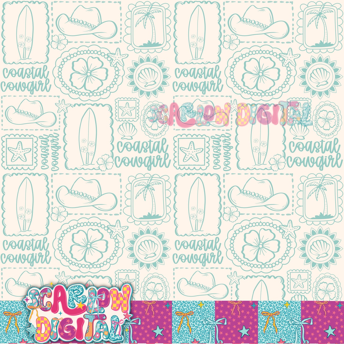 Coastal Cowgirl Single Color Seamless Pattern Digital Design