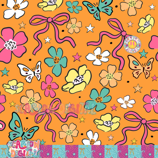 Orange Flowers and Bows Seamless Pattern Digital Design