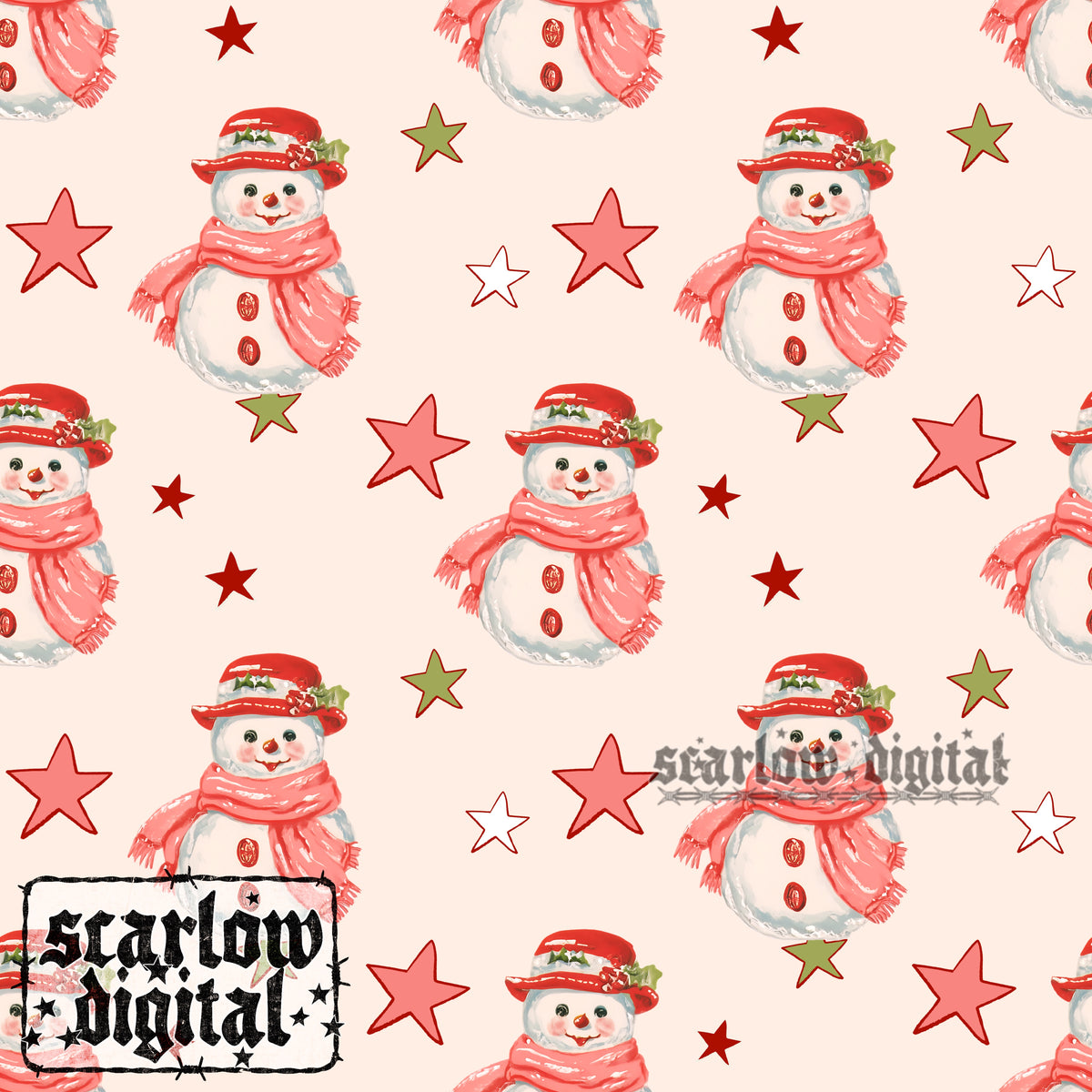 Snowman Stars Seamless Pattern Digital Design