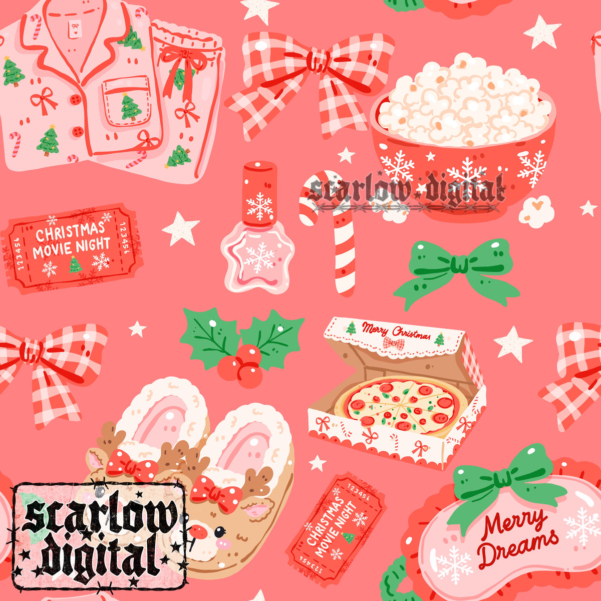 Christmas Sleepover Seamless Pattern Digital Design