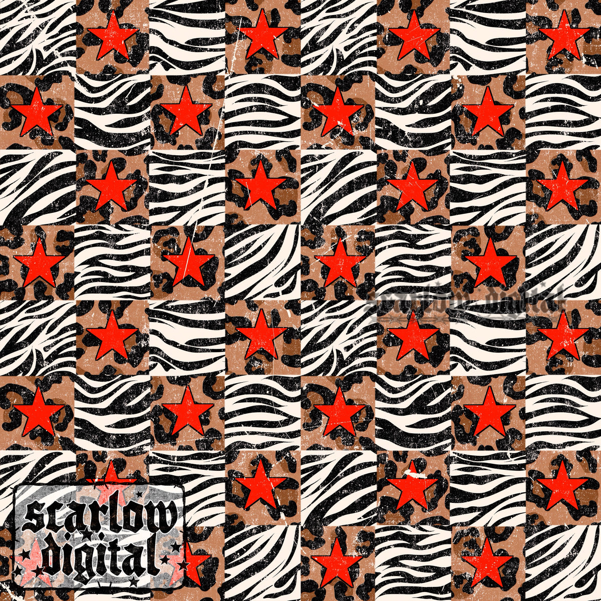 Leopard and Zebra Print Checkers with Stars Seamless Pattern Digital Design