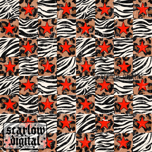 Leopard and Zebra Print Checkers with Stars Seamless Pattern Digital Design