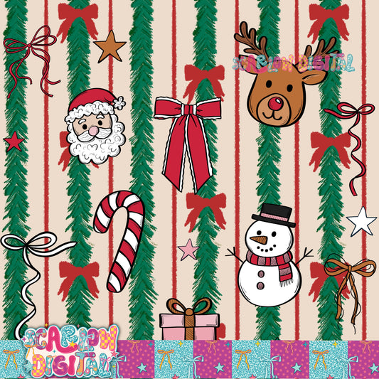 Tinsel Bows and Christmas Doodles Seamless Pattern Digital Design