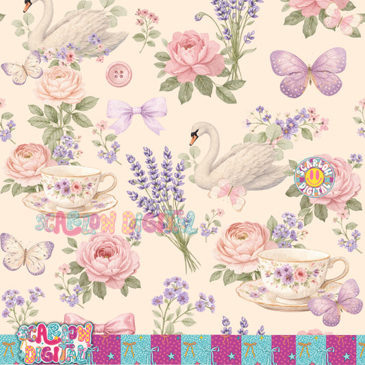 Vintage Roses Swan and Tea Cup Seamless Pattern Digital Design