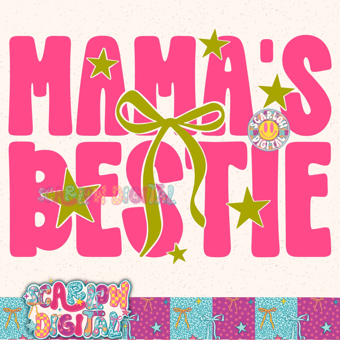 Neon Mama Bestie With Bow and Stars Pink and Lime PNG Digital Design