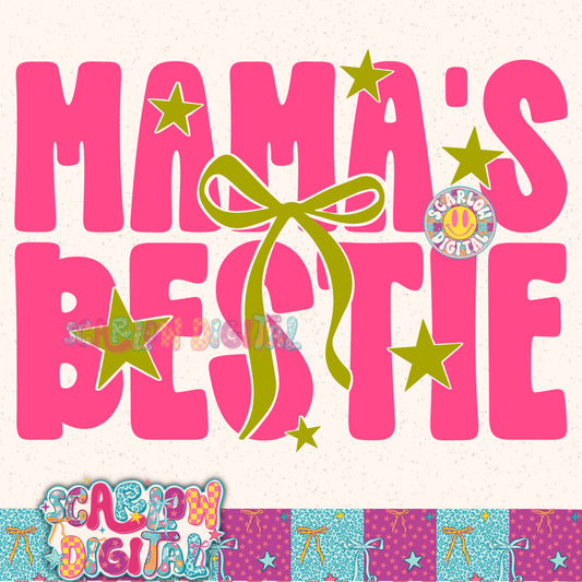 Neon Mama Bestie With Bow and Stars Pink and Lime PNG Digital Design