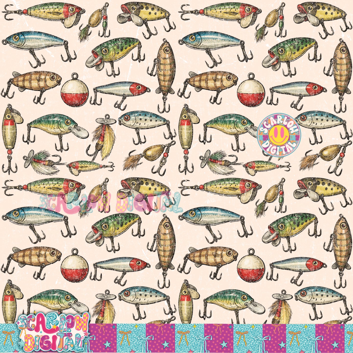 Vintage Fishing Lures Seamless Pattern Digital Design