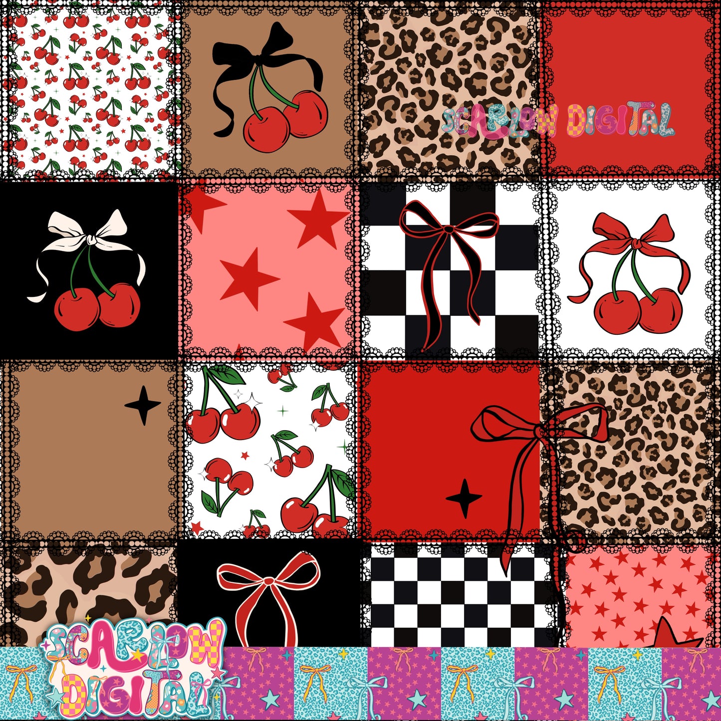 Laced Cherry Patchwork Seamless Pattern Digital Design