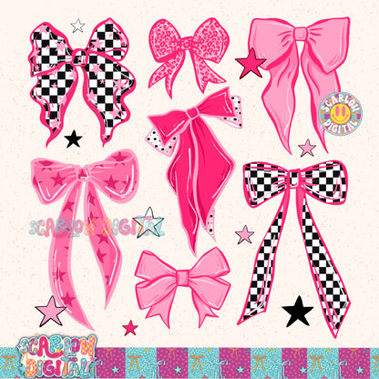 Pink and Checkered Bows PNG Digital Design