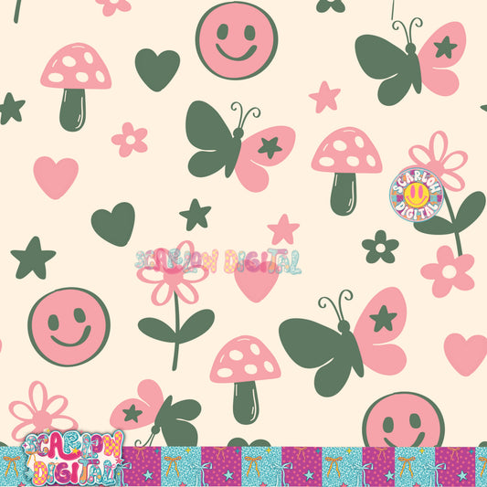 Pink Green Doodles Seamless Pattern Digital Design