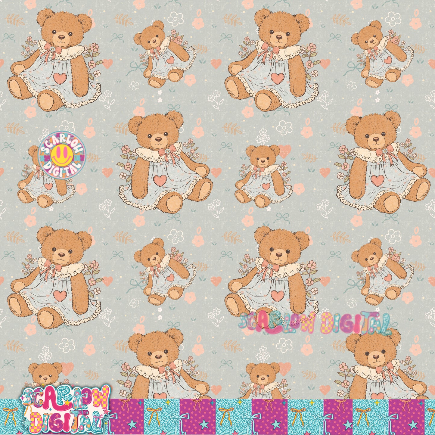 Vintage Bear Seamless Pattern Digital Design