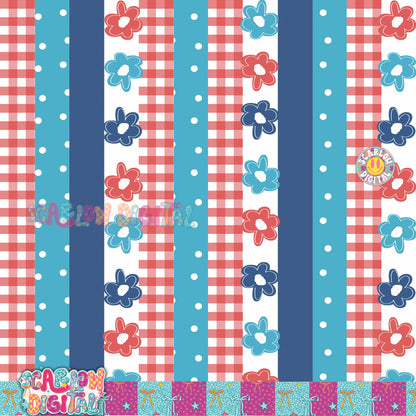 Patriotic Flowers and Stripes Seamless Pattern Digital Design