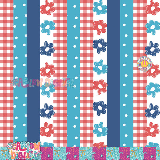 Patriotic Flowers and Stripes Seamless Pattern Digital Design