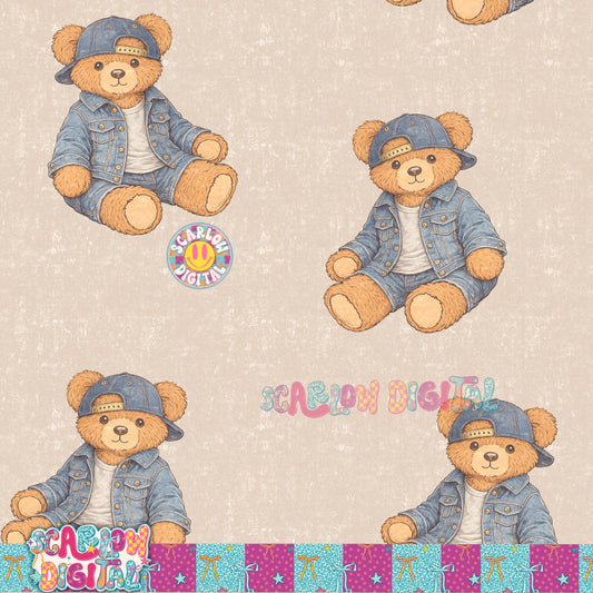 Denim Teddy Bear Vintage Thrifted Style Seamless Pattern Digital Design