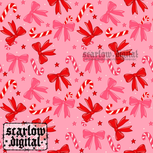 Candy Canes and Bows Christmas Seamless Pattern Digital Design