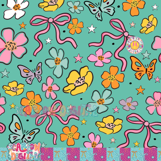 Blue Flowers and Bows Seamless Pattern Digital Design