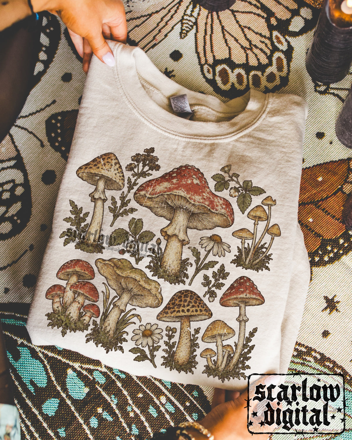 Antique-Style Mushrooms PNG Digital Design