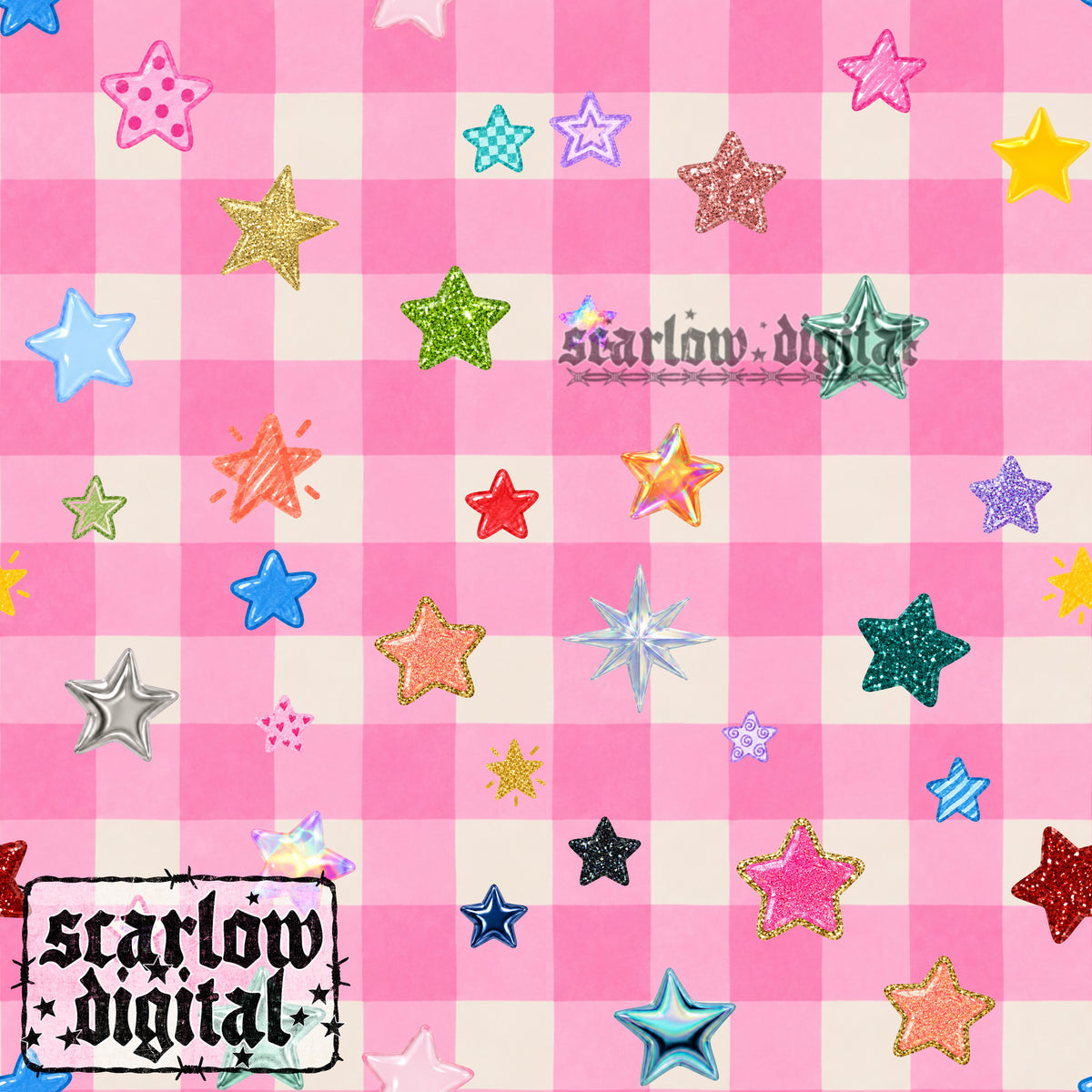 Gingham Stars Seamless Pattern Digital Design