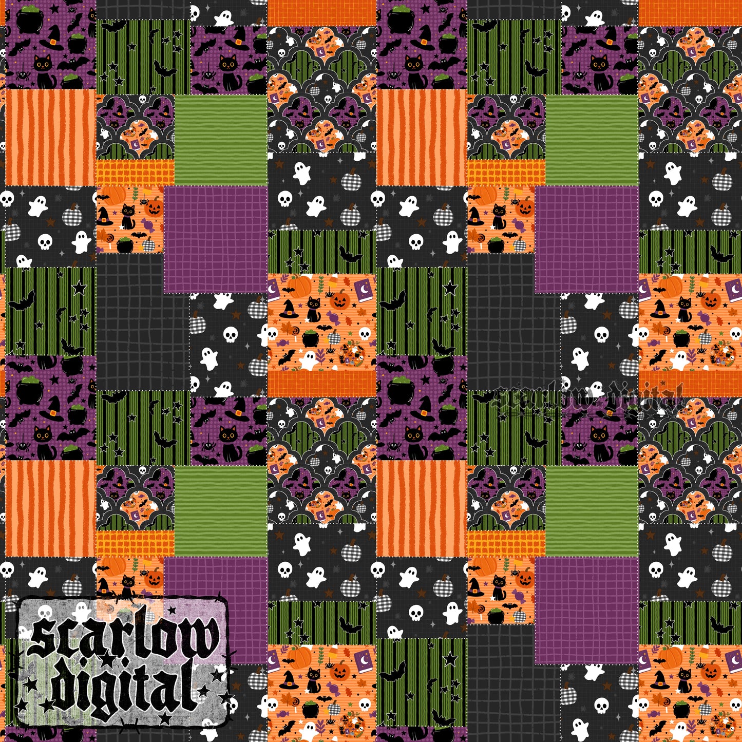Halloween Quilt Patches Seamless Pattern Digital Design
