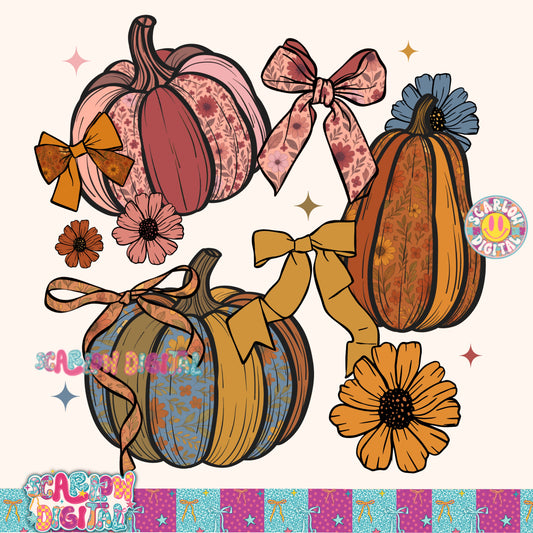 Fall Pumpkins and Flowers PNG Digital Design