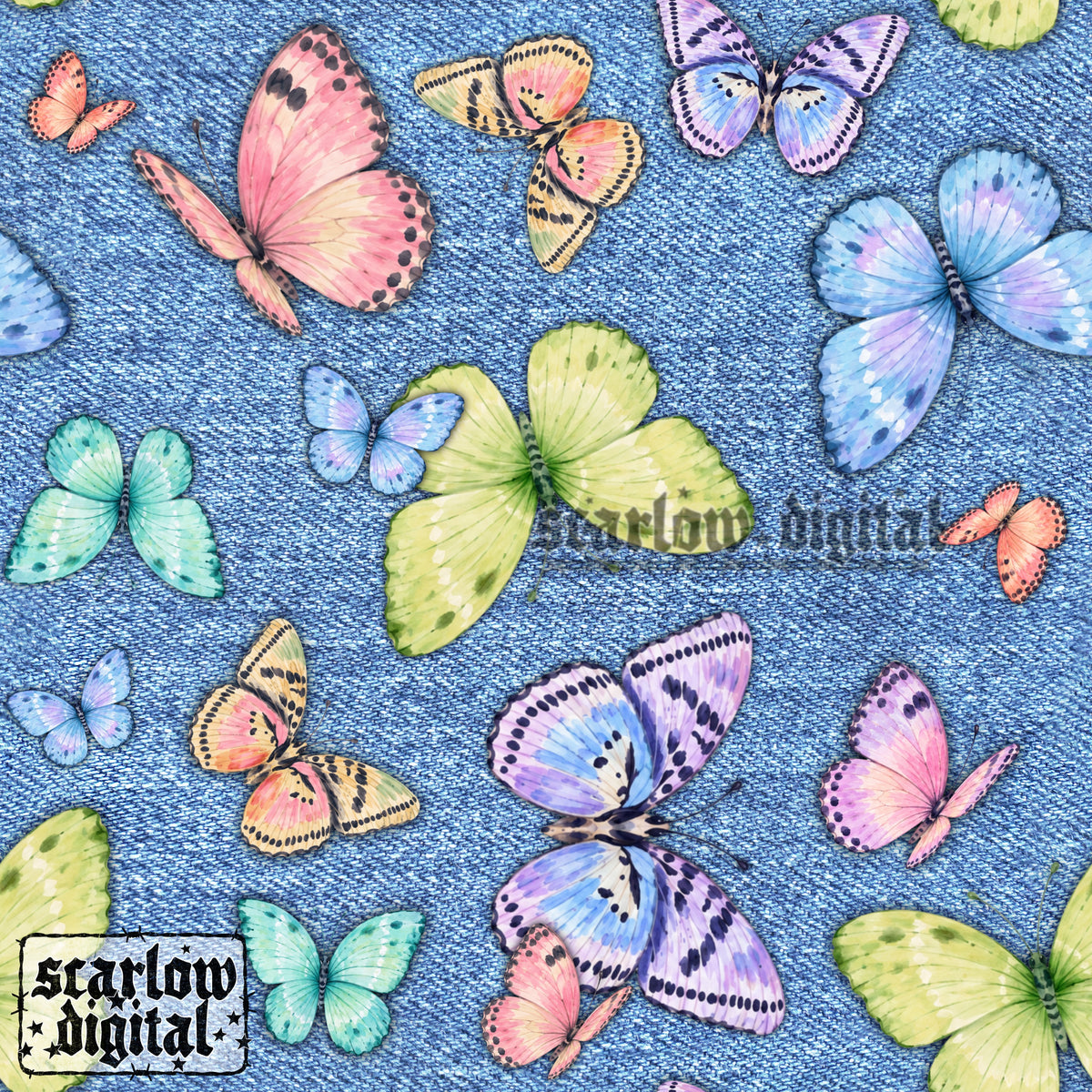 Denim Butterflies Seamless Pattern Digital Design
