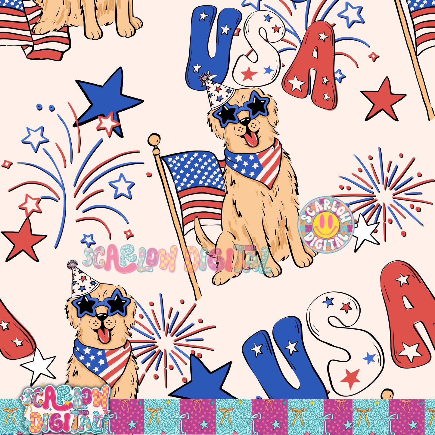 Patriotic Golden Retriever Seamless Pattern Digital Design