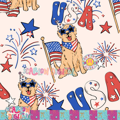 Patriotic Golden Retriever Seamless Pattern Digital Design