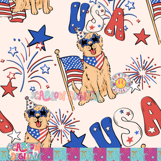 Patriotic Golden Retriever Seamless Pattern Digital Design