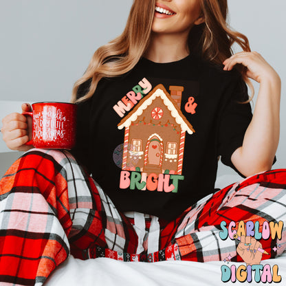 Merry & Bright PNG Digital Design Download, Gingerbread house png, Christmas png design, traditional christmas png, kids png, trendy png
