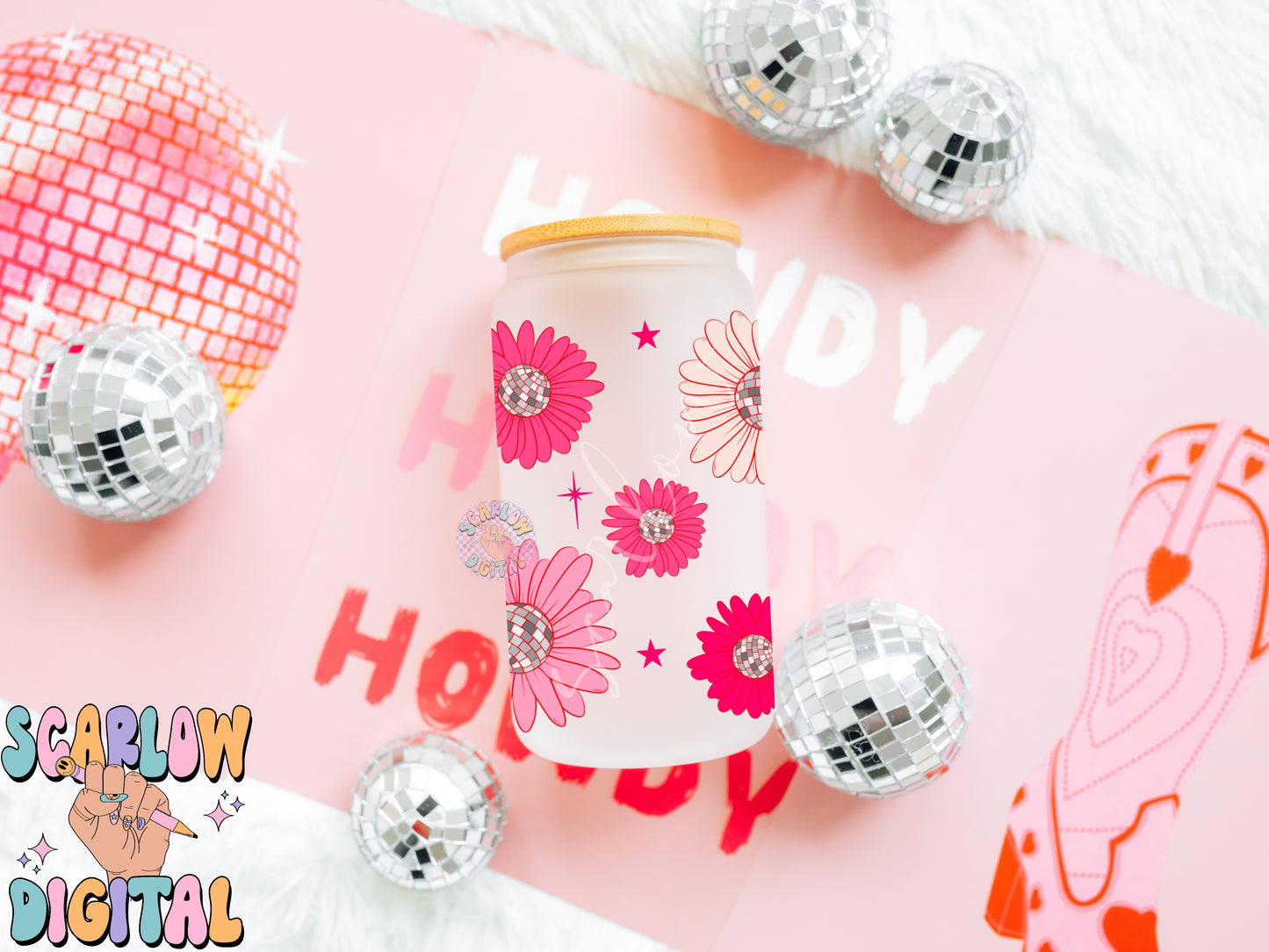 Disco Flowers 16 Ounce Can Glass Wrap PNG-New Years Sublimation Digital Design Download-UV DTF can glass wrap png, beer can glass png design