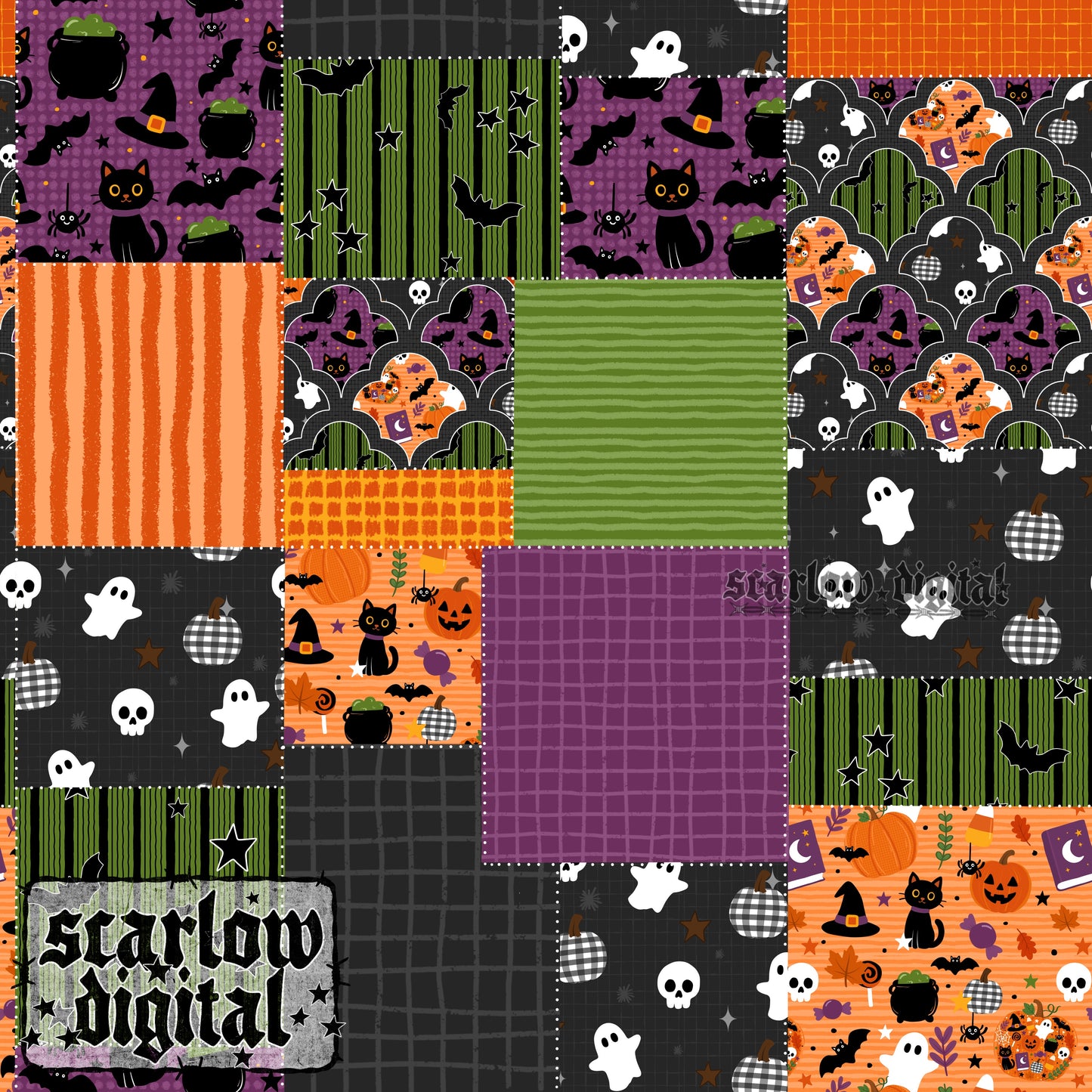 Halloween Quilt Patches Seamless Pattern Digital Design