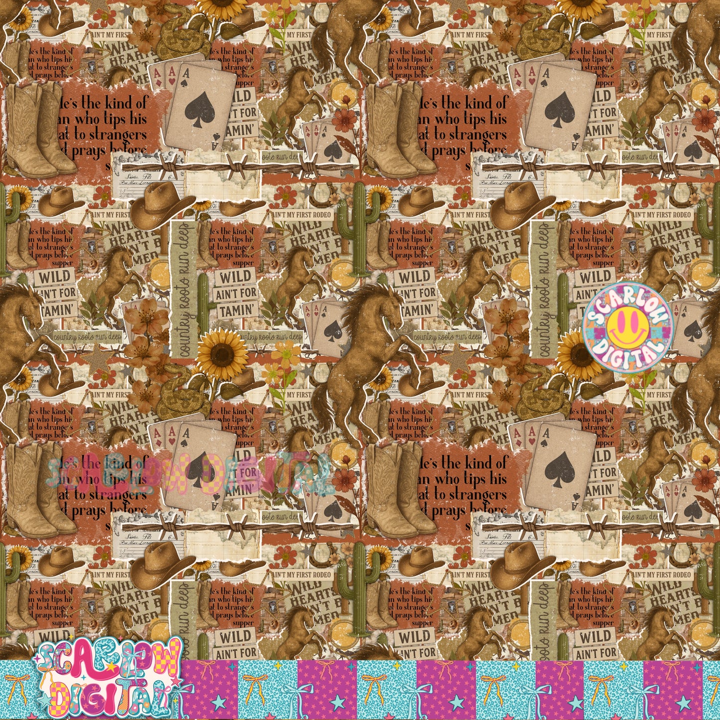 Western Scrapbook Seamless Pattern Digital Design