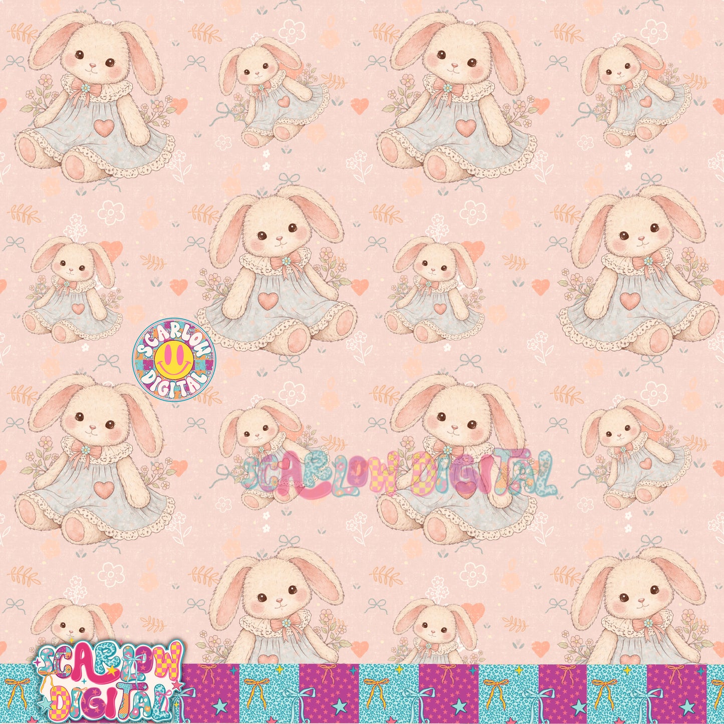 Vintage Girl Bunny Seamless Pattern Digital Design