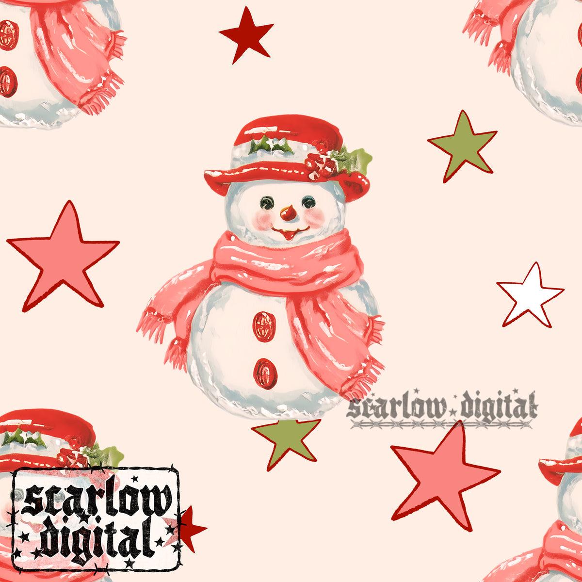 Snowman Stars Seamless Pattern Digital Design