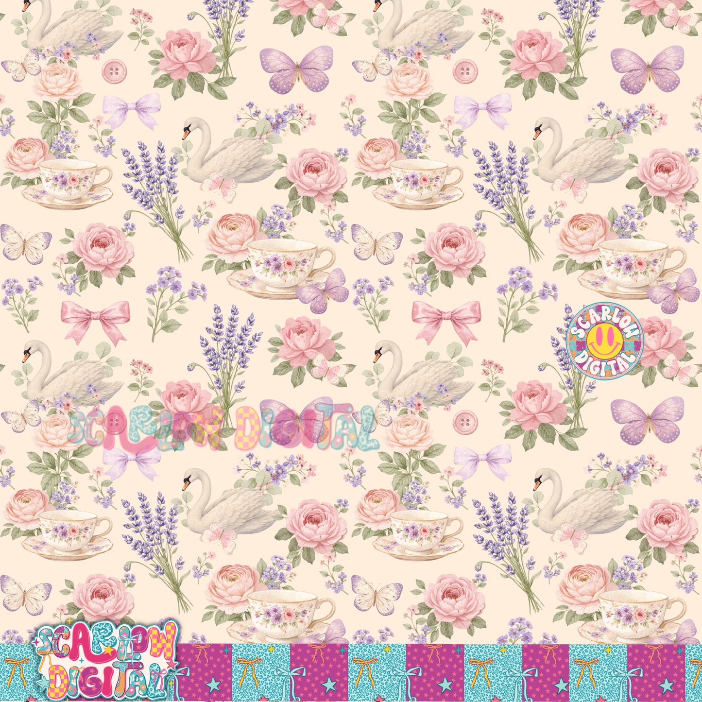 Vintage Roses Swan and Tea Cup Seamless Pattern Digital Design