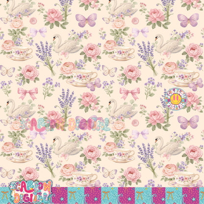Vintage Roses Swan and Tea Cup Seamless Pattern Digital Design
